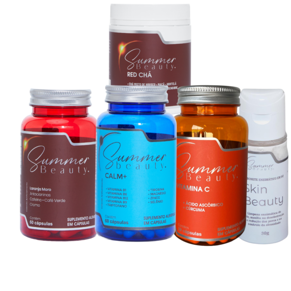 Kit 1 Pote de Emagrecedor, 1 Pote de de Calm+, 1 Pote de Vitamina C, 1 Pote de Red Chá e 1 Frasco do Skin Beauty Sabonete Facial